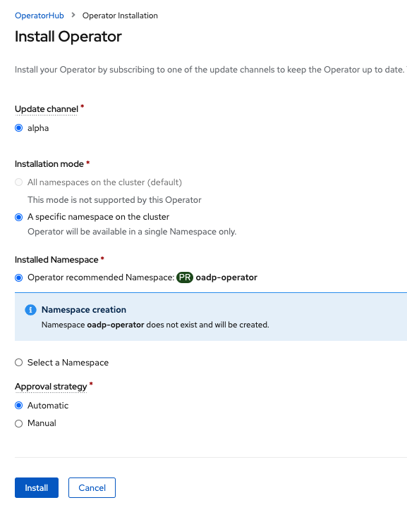 OADP create namespace and install operator