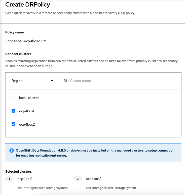 DRPolicy select peer clusters