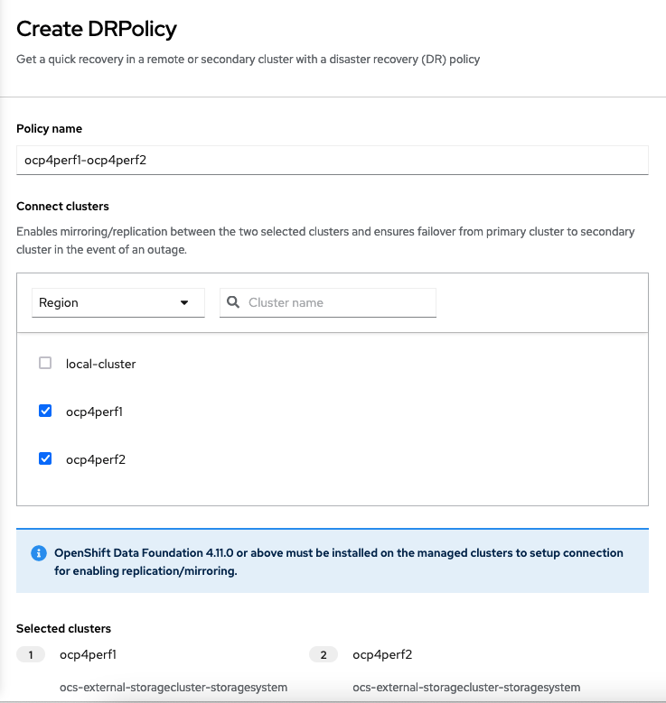 DRPolicy select peer clusters