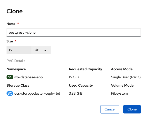 Persistent Volume Claim clone configuration