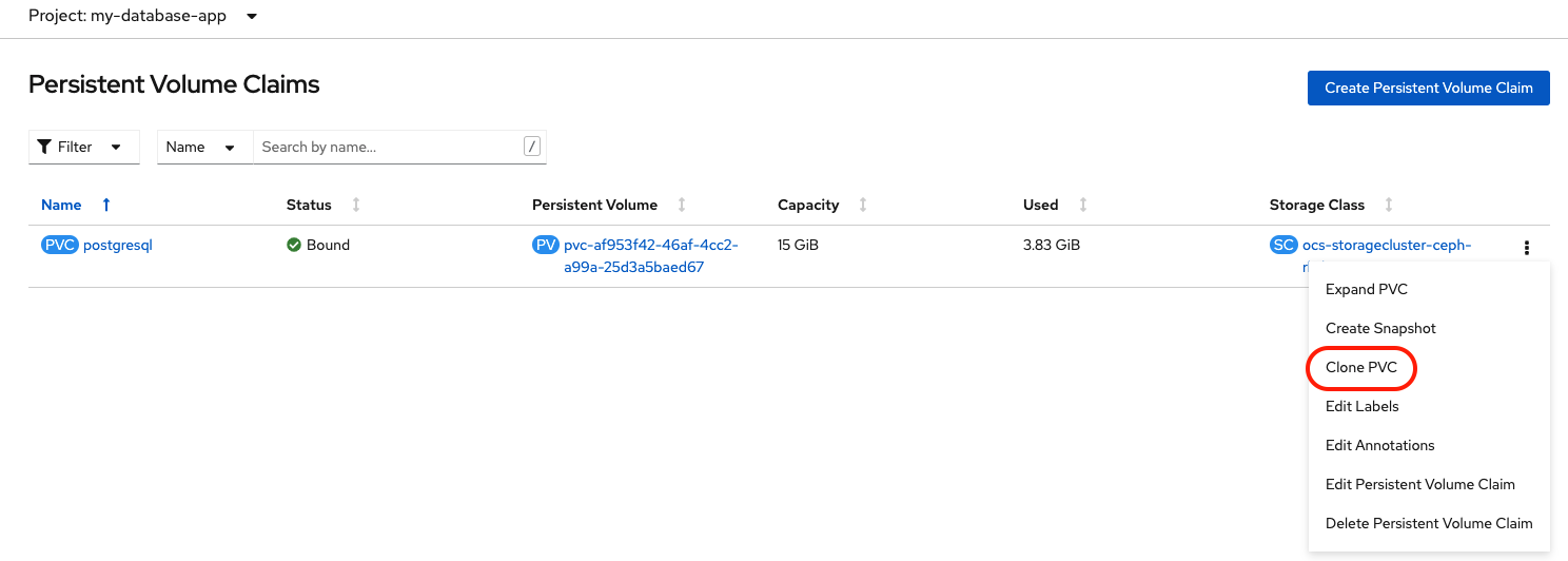 Persistent Volume Claim clone PVC using UI