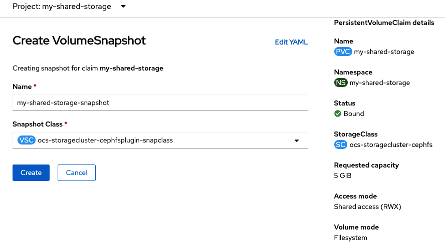 Persistent Volume Claim snapshot configuration