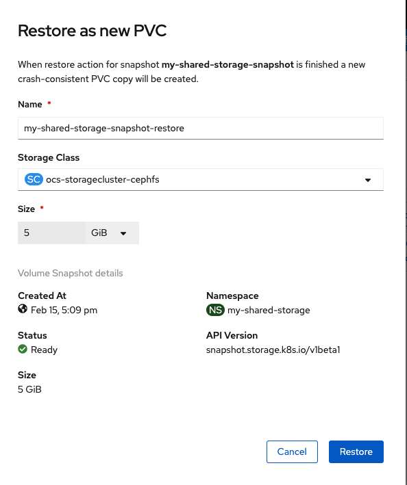 Persistent Volume Claim snapshot restore configuration