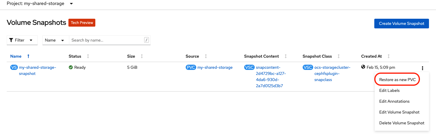 Persistent Volume Claim snapshot restore in UI