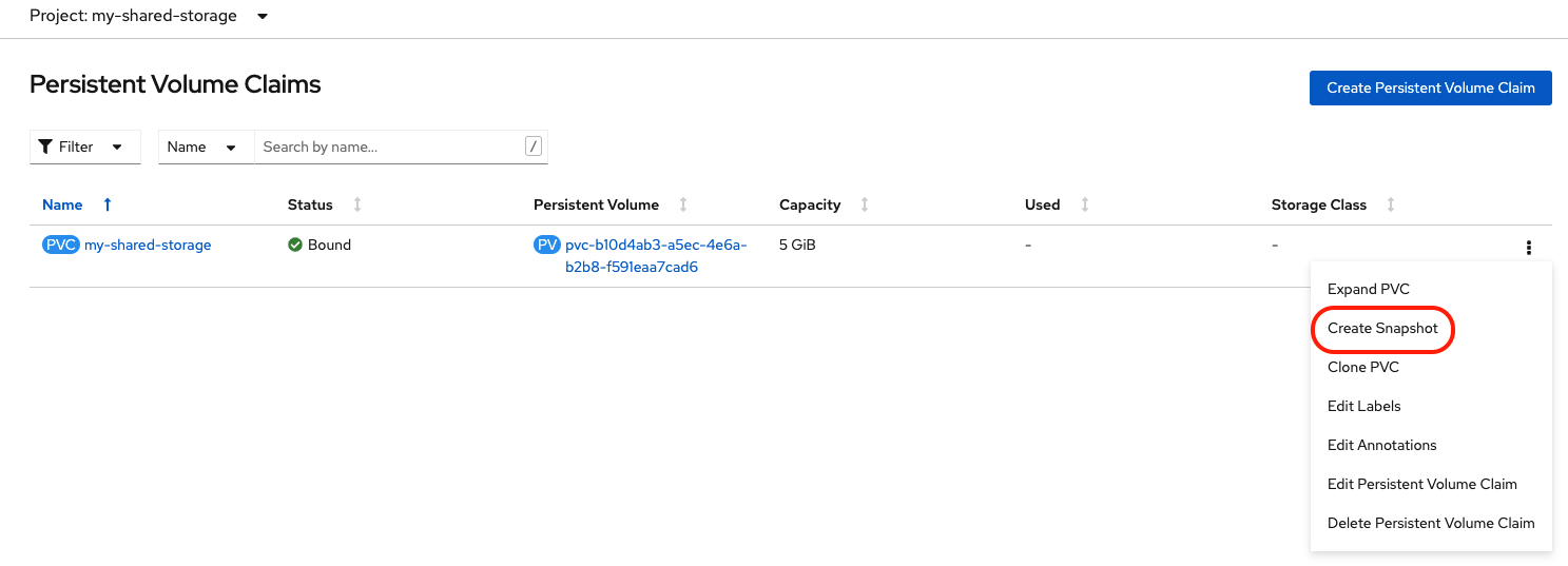 Persistent Volume Claim snapshot using UI