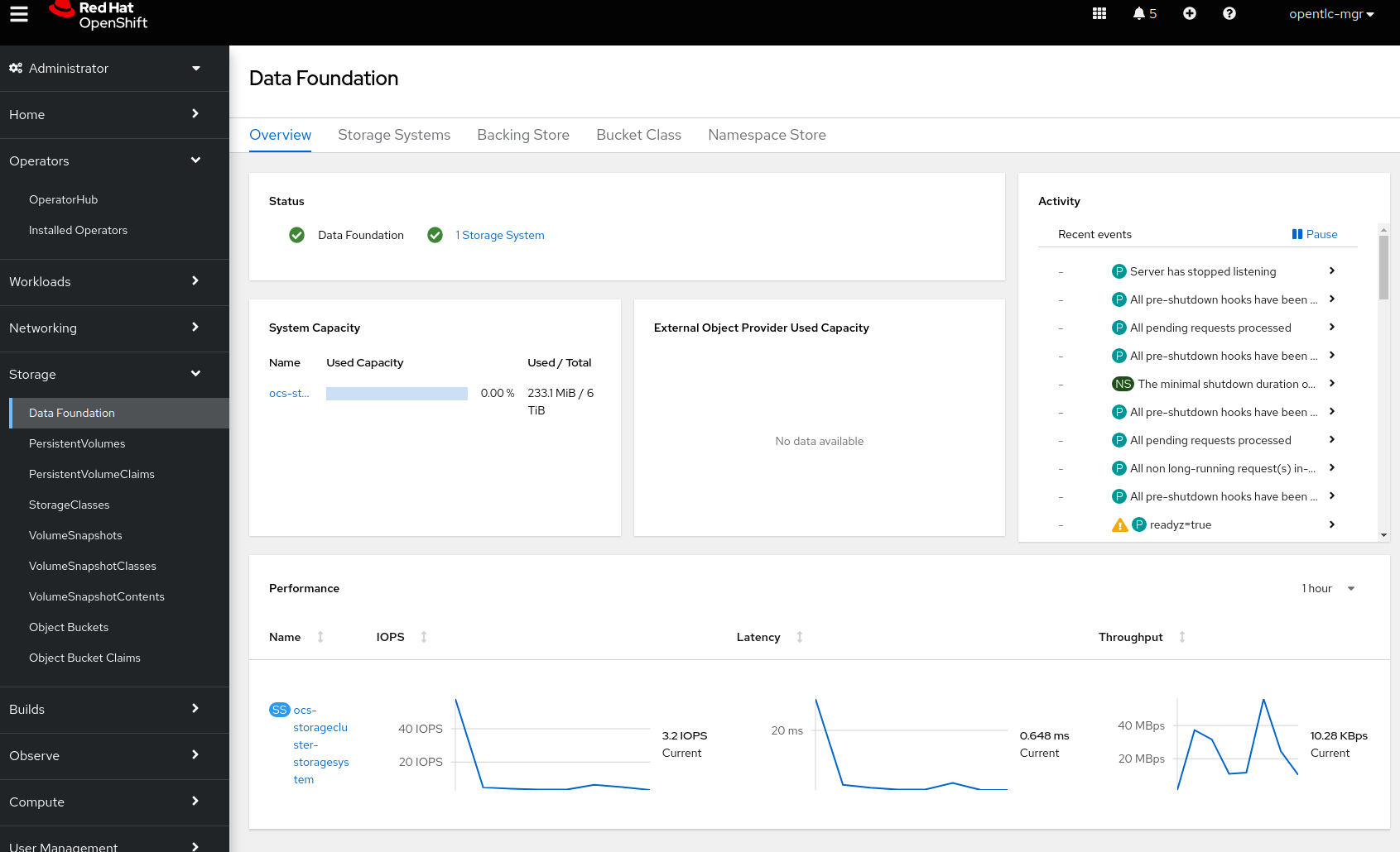 Storage Dashboard after successful storage installation