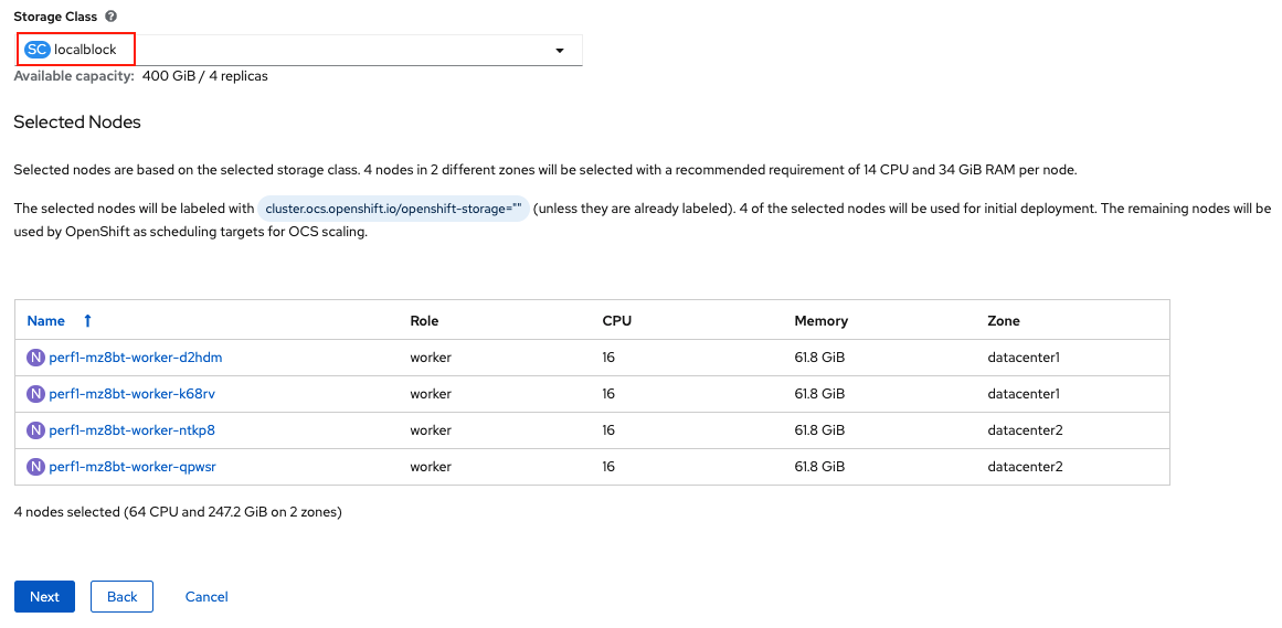 ODF Storage Class Select