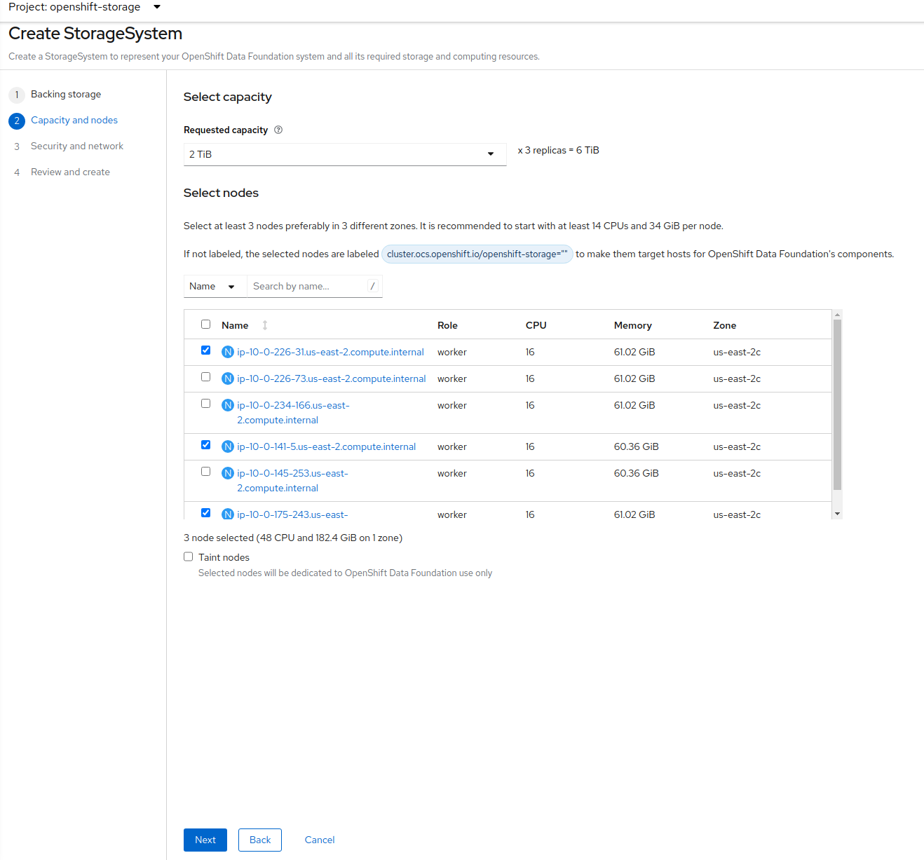 Select capacity and nodes for new storage system