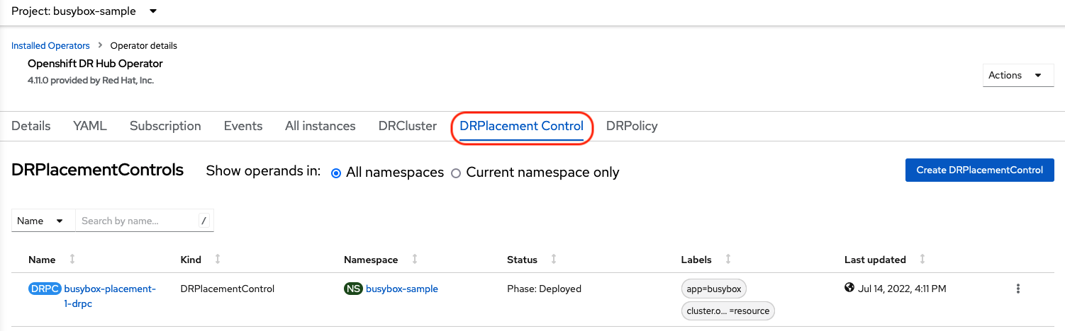 DRPlacementControl busybox instance