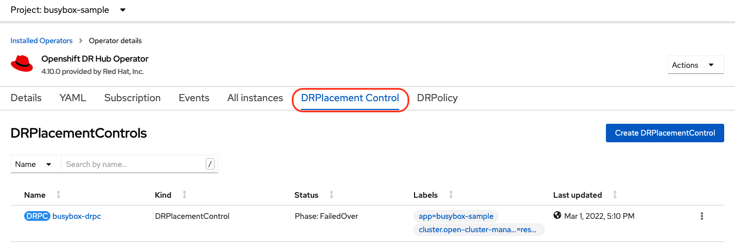 DRPlacementControl busybox instance